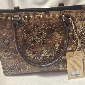 Patrcia Nash Leather Hand Bag Metallic Bark Leaves